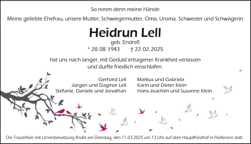  Traueranzeige für Heidrun Lell vom 08.03.2025 aus GESAMT