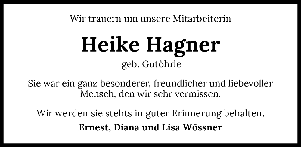  Traueranzeige für Heike Hagner vom 22.03.2025 aus GESAMT