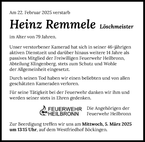 Traueranzeige von Heinz Remmele von GESAMT