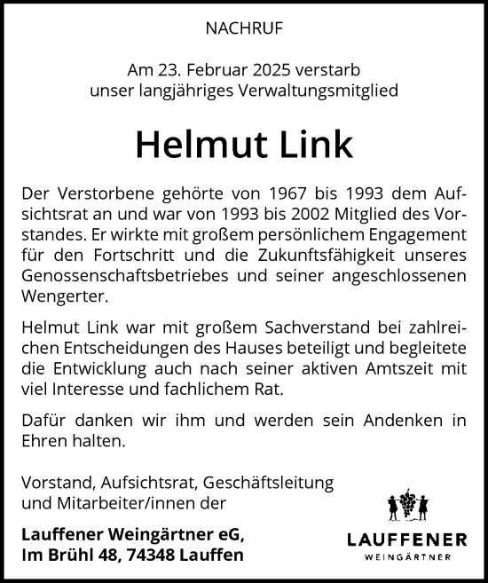 Traueranzeige von Helmut Link von GESAMT