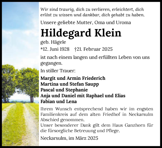 Traueranzeige von Hildegard Klein von GESAMT