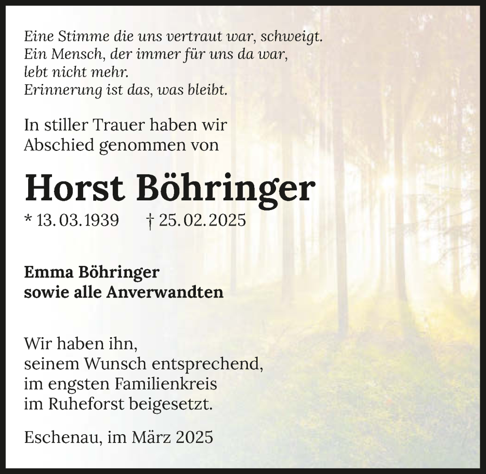  Traueranzeige für Horst Böhringer vom 08.03.2025 aus GESAMT
