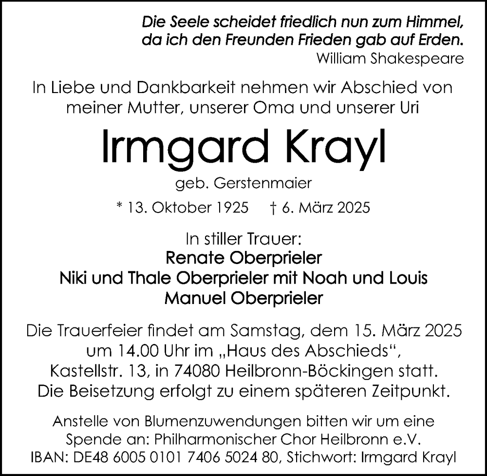  Traueranzeige für Irmgard Krayl vom 12.03.2025 aus GESAMT