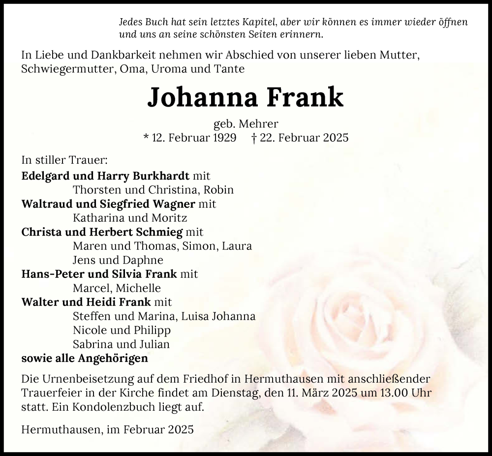  Traueranzeige für Johanna Frank vom 08.03.2025 aus GESAMT