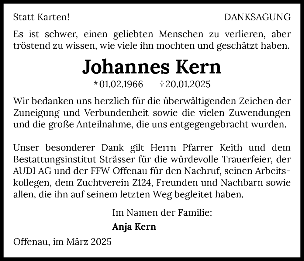  Traueranzeige für Johannes Kern vom 15.03.2025 aus GESAMT