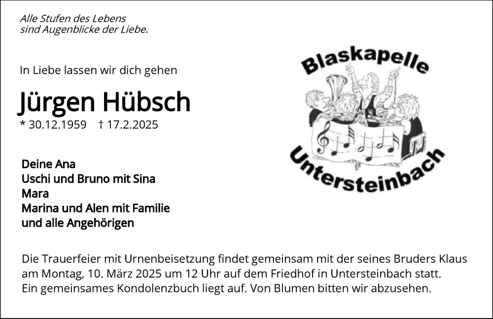  Traueranzeige für Jürgen Hübsch vom 01.03.2025 aus GESAMT