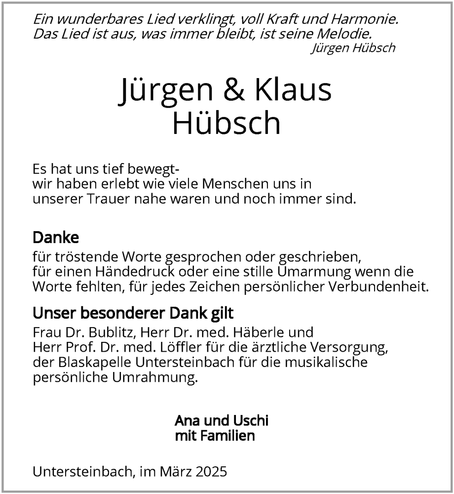  Traueranzeige für Jürgen Hübsch vom 29.03.2025 aus GESAMT