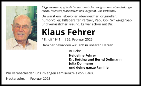 Traueranzeige von Klaus Fehrer von GESAMT