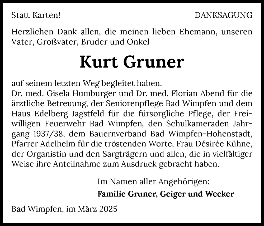 Traueranzeige für Kurt Gruner vom 26.03.2025 aus GESAMT