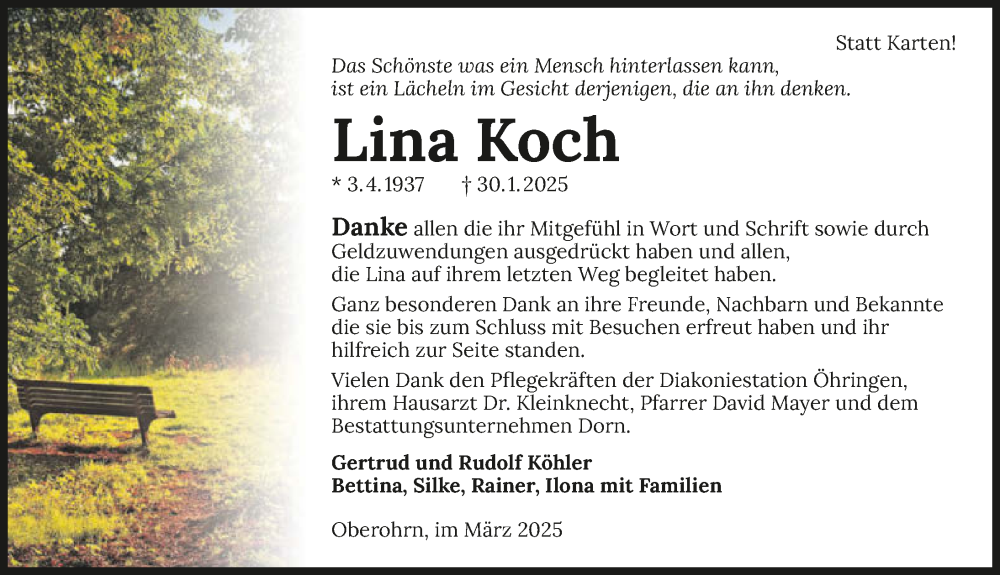  Traueranzeige für Lina Koch vom 22.03.2025 aus GESAMT