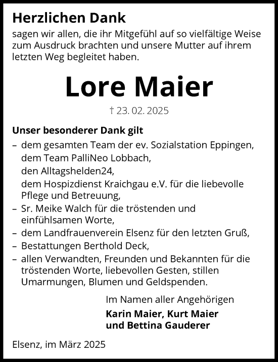 Traueranzeige von Lore Maier von GESAMT