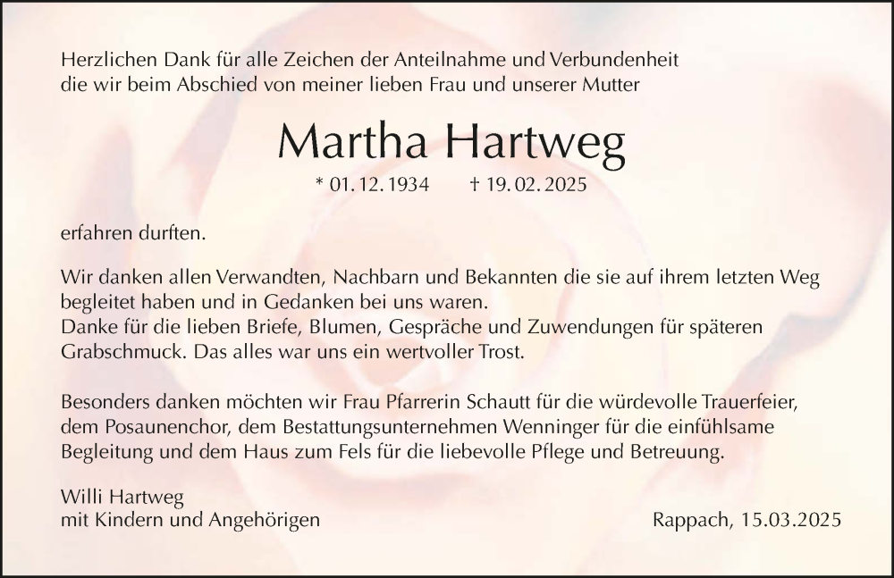  Traueranzeige für Martha Hartweg vom 15.03.2025 aus GESAMT