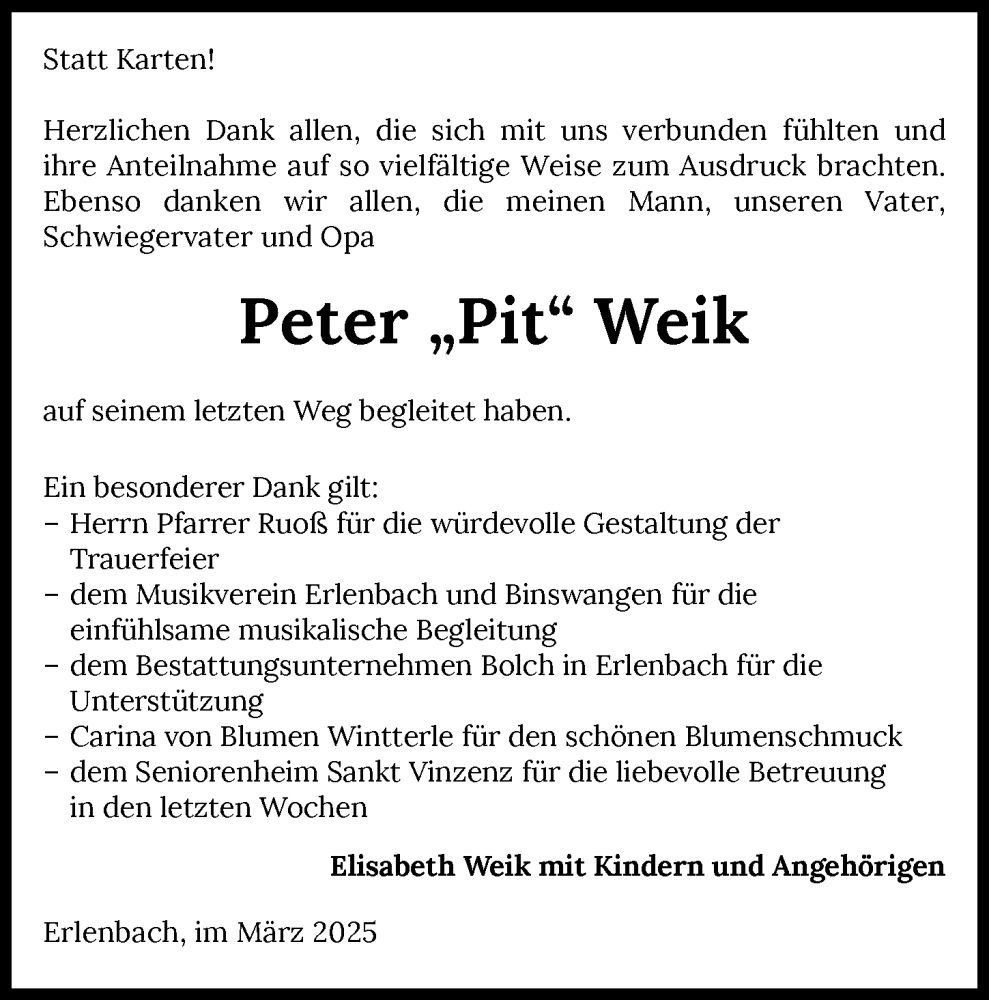  Traueranzeige für Peter Weik vom 22.03.2025 aus GESAMT