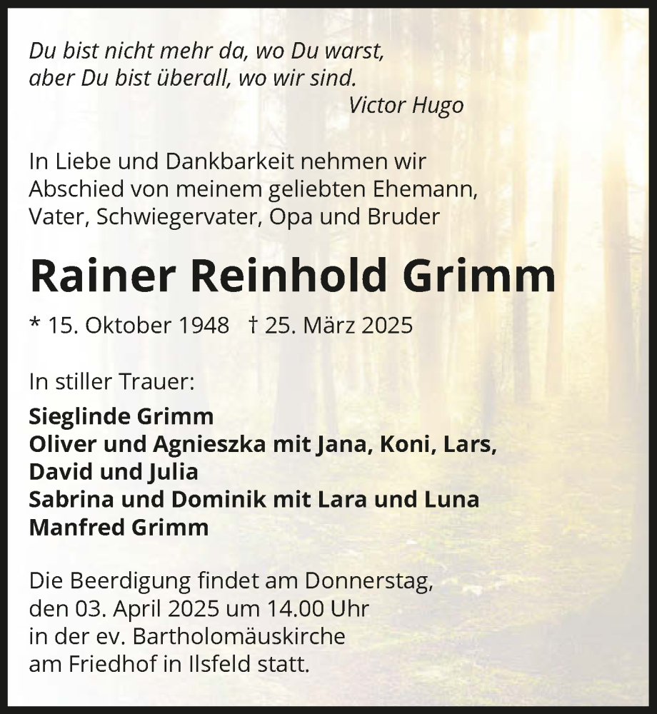  Traueranzeige für Rainer Reinhold Grimm vom 29.03.2025 aus GESAMT