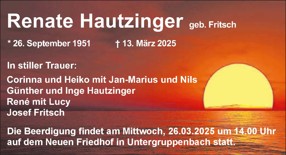  Traueranzeige für Renate Hautzinger vom 22.03.2025 aus GESAMT