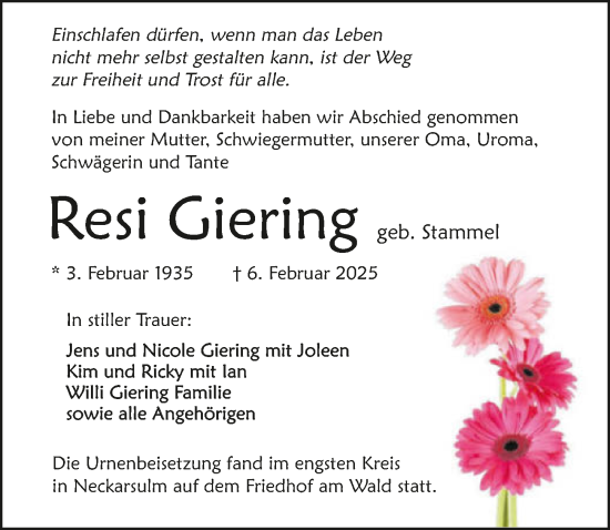 Traueranzeige von Resi Giering von GESAMT
