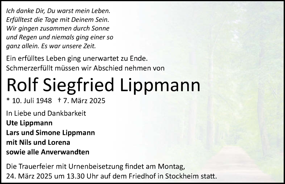  Traueranzeige für Rolf Siegfried Lippmann vom 15.03.2025 aus GESAMT