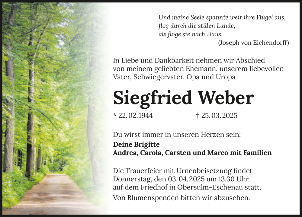  Traueranzeige für Siegfried Weber vom 29.03.2025 aus GESAMT