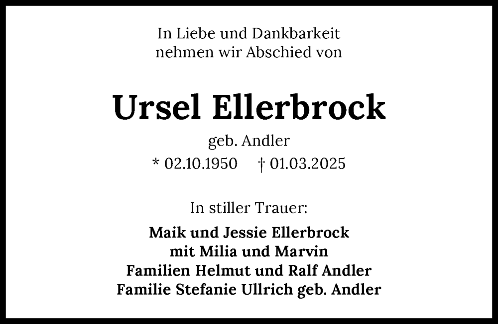  Traueranzeige für Ursel Ellerbrock vom 22.03.2025 aus GESAMT