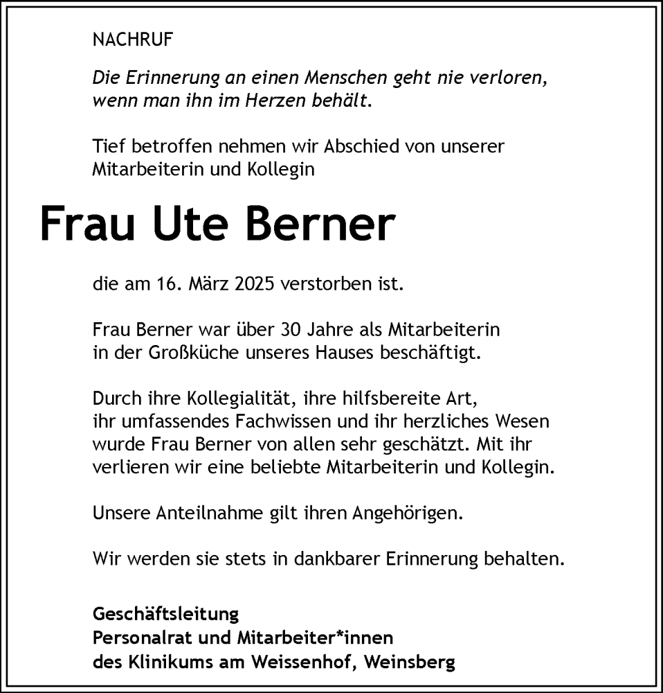  Traueranzeige für Ute Berner vom 28.03.2025 aus GESAMT