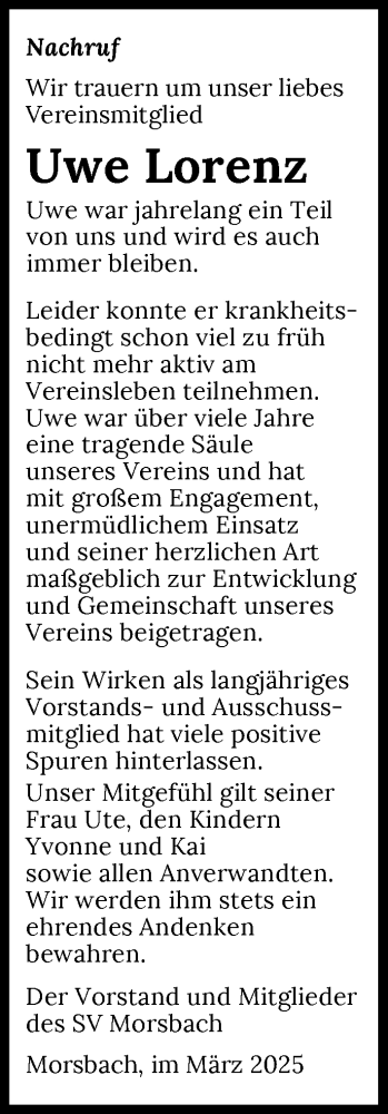  Traueranzeige für Uwe Lorenz vom 28.03.2025 aus GESAMT