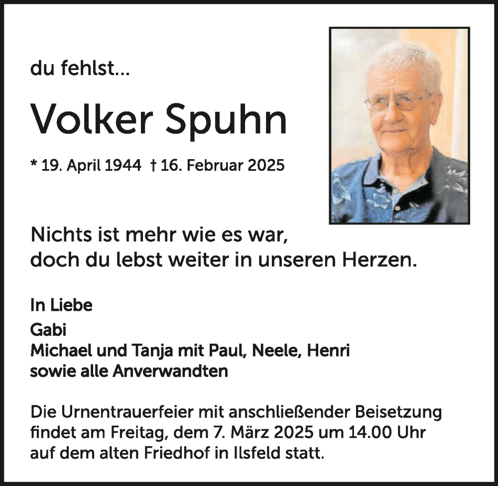  Traueranzeige für Volker Spuhn vom 01.03.2025 aus GESAMT