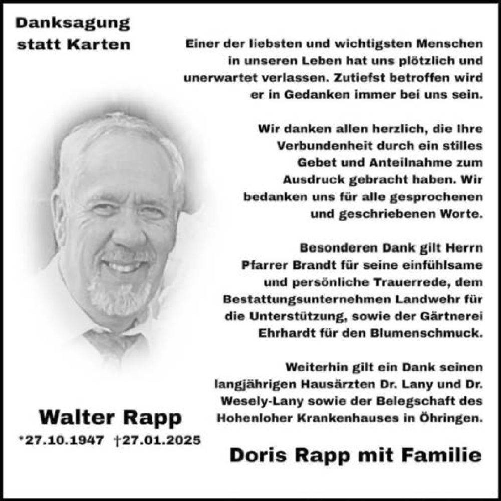  Traueranzeige für Walter Rapp vom 15.03.2025 aus GESAMT
