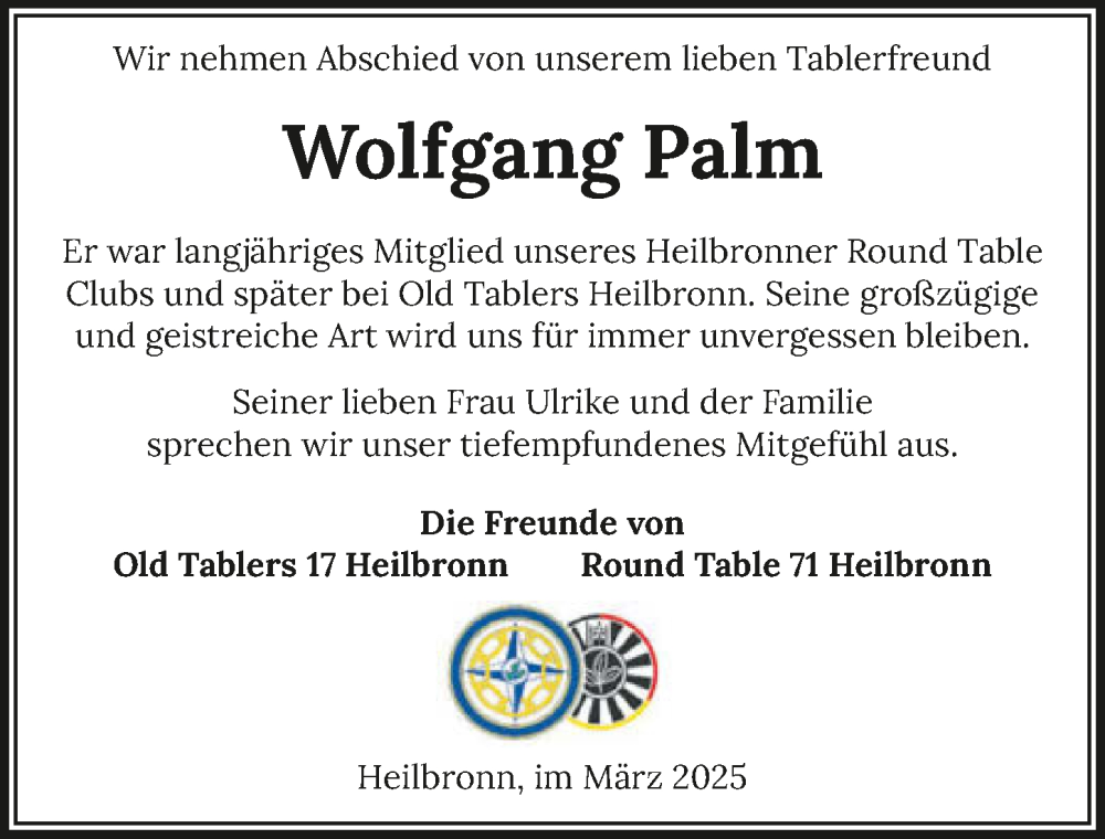  Traueranzeige für Wolfgang Palm vom 22.03.2025 aus GESAMT