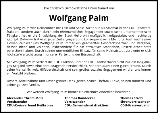 Traueranzeige von Wolfgang Palm von GESAMT