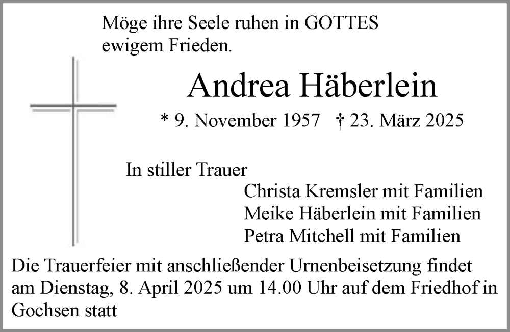  Traueranzeige für Andrea Häberlein vom 04.04.2025 aus GESAMT