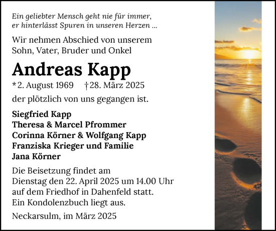 Traueranzeige von Andreas Kapp von GESAMT