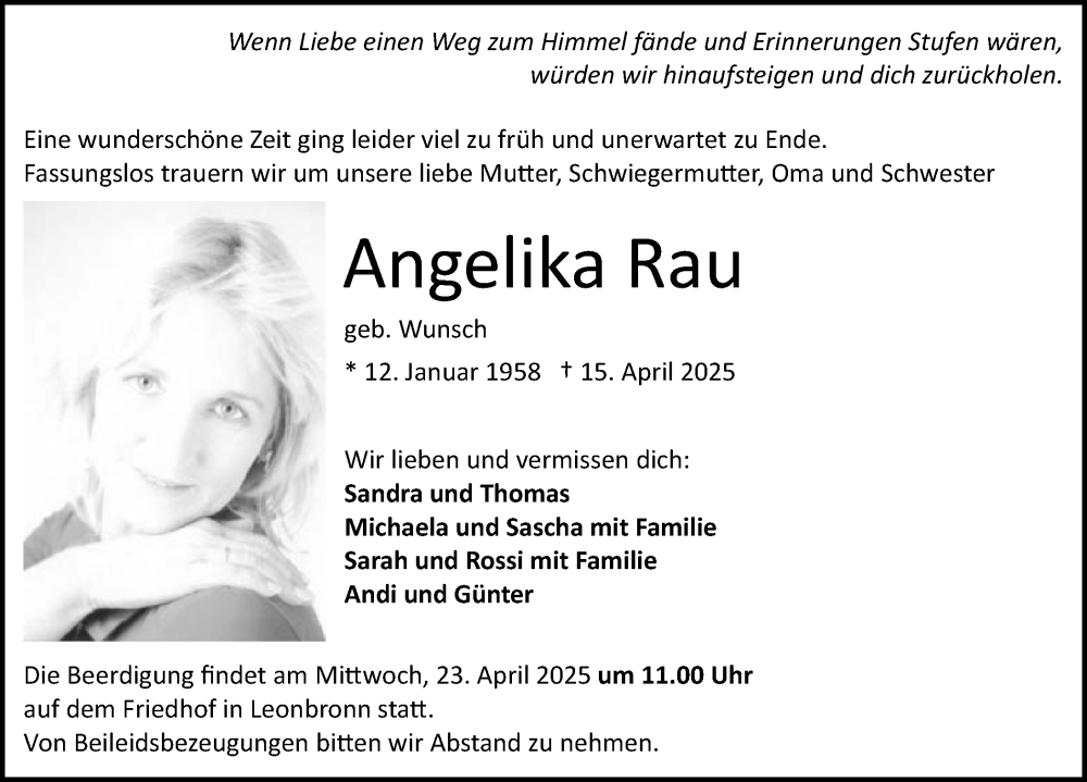 Traueranzeige für Angelika Rau vom 19.04.2025 aus GESAMT