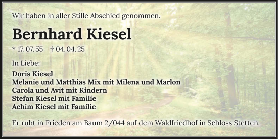 Traueranzeige von Bernhard Kiesel von GESAMT