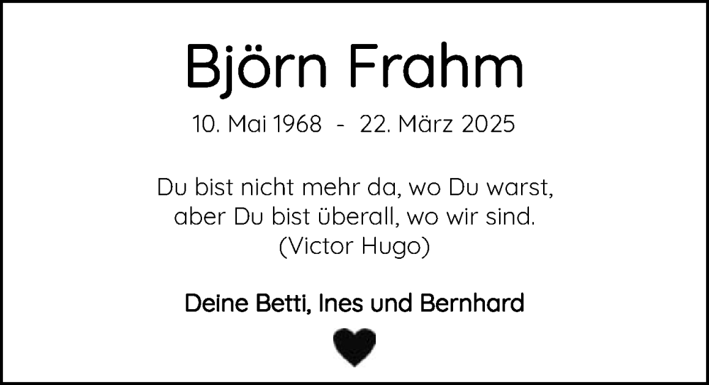  Traueranzeige für Björn Frahm vom 12.04.2025 aus GESAMT