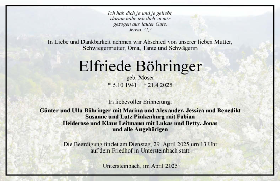 Traueranzeige von Elfriede Böhringer von GESAMT