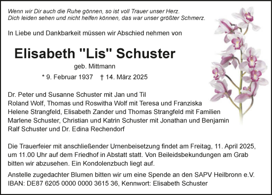 Traueranzeige von Elisabeth Schuster von GESAMT