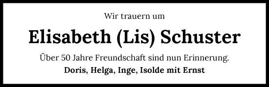 Traueranzeige von Elisabeth Schuster von GESAMT
