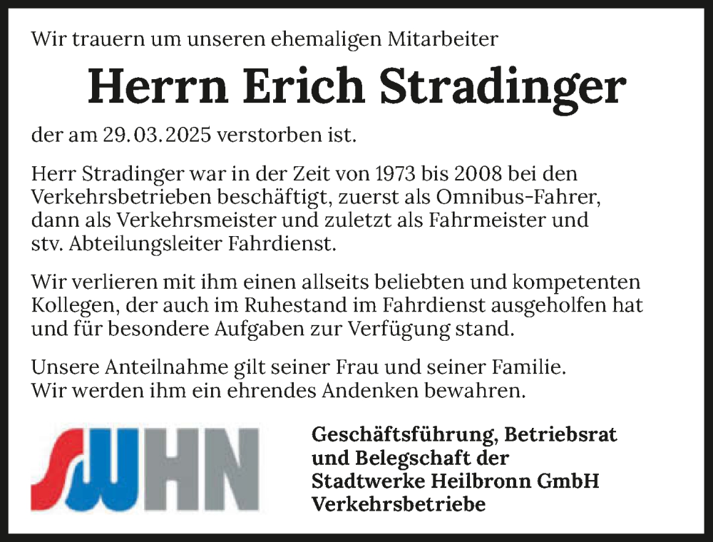 Traueranzeige für Erich Stradinger vom 03.04.2025 aus GESAMT