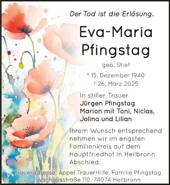 Traueranzeige von Eva-Maria Pfingstag von GESAMT