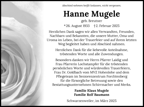 Traueranzeige von Hanne Mugele von GESAMT
