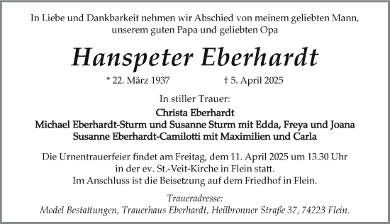 Traueranzeige von Hanspeter Eberhardt von GESAMT