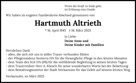 Traueranzeige von Hartmuth Altrieth von GESAMT