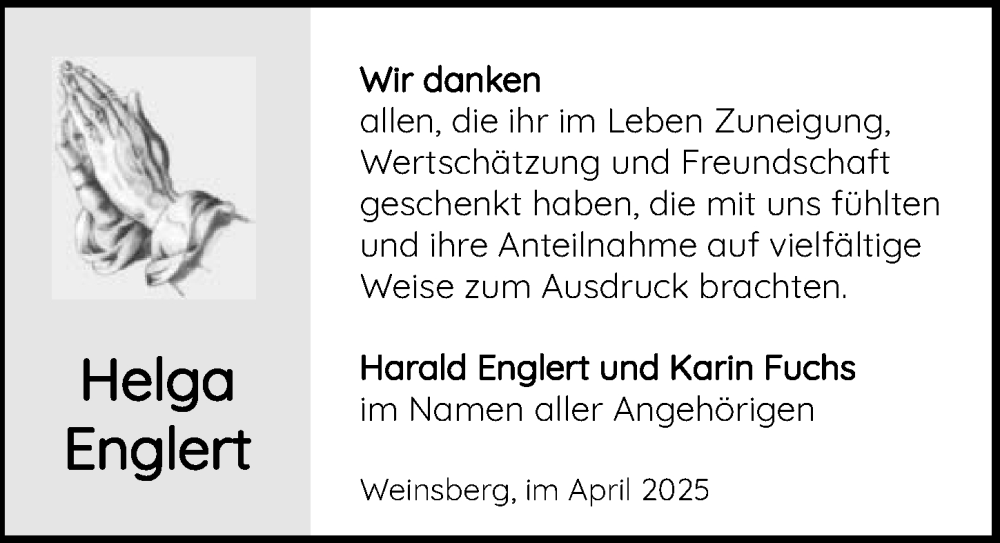  Traueranzeige für Helga Englert vom 05.04.2025 aus GESAMT