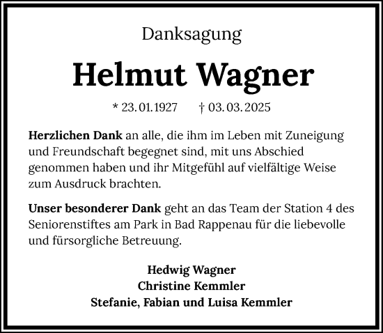 Traueranzeige von Helmut Wagner von GESAMT