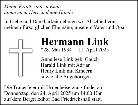 Traueranzeige von Hermann Link von GESAMT