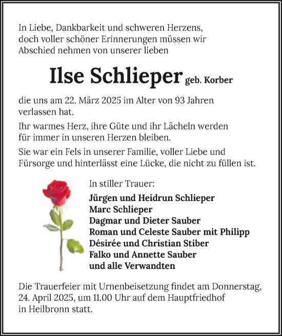 Traueranzeige von Ilse Schlieper von GESAMT