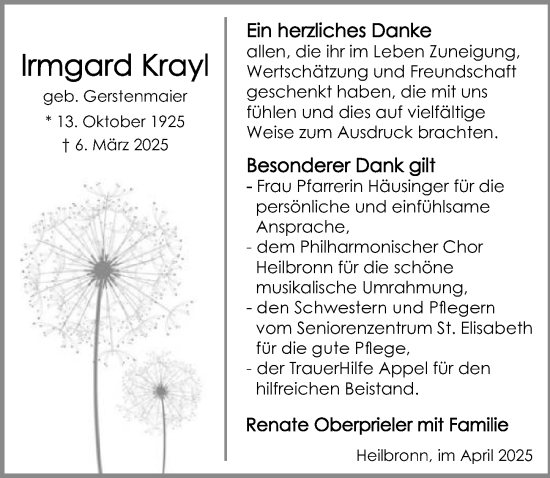 Traueranzeige von Irmgard Krayl von GESAMT