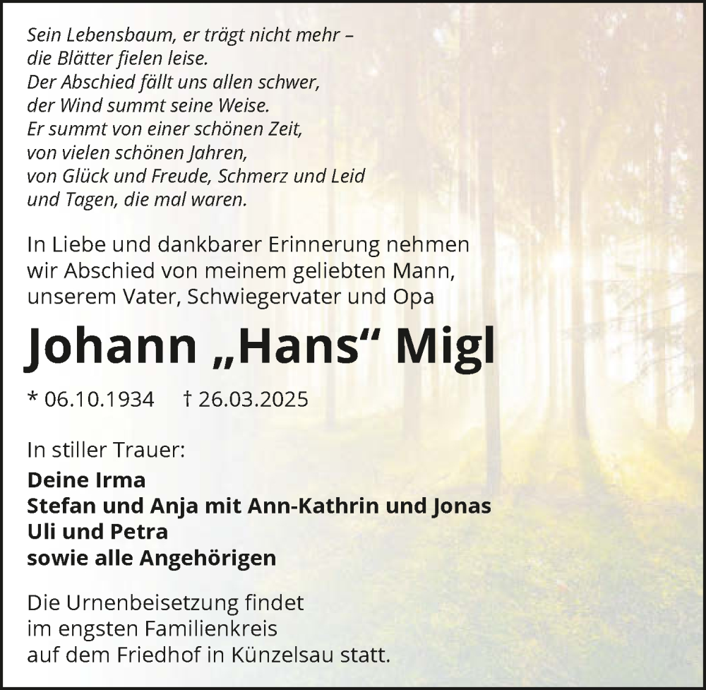  Traueranzeige für Johann Migl vom 12.04.2025 aus GESAMT