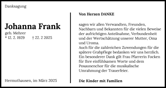 Traueranzeige von Johanna Frank von GESAMT