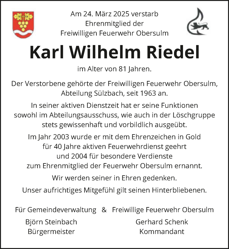  Traueranzeige für Karl Wilhelm Riedel vom 03.04.2025 aus GESAMT